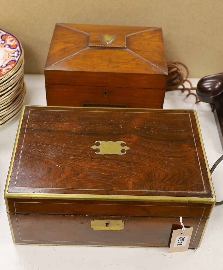 A brass bound rosewood humidor together with a walnut sewing box